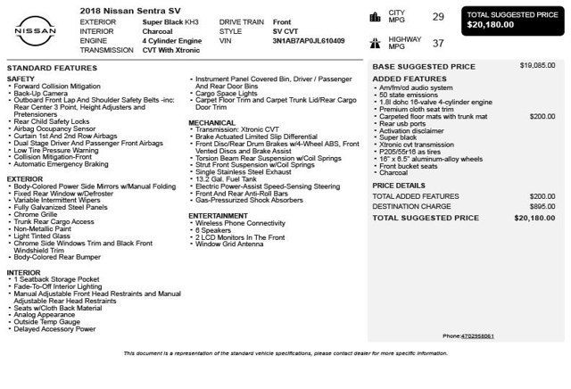 2018 Nissan Sentra SV CVT - 22995825 - 2