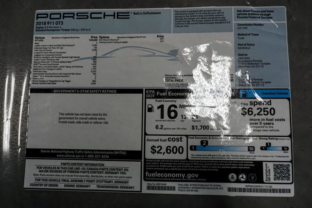 2018 Porsche 911 *991.2 GT3* *6-Speed Manual* *FAL* *Carbon Buckets* *PPF*  - 23035182 - 12