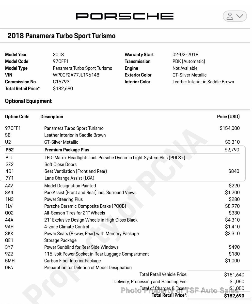 2018 Porsche Panamera Turbo Sport Turismo $182.690MSRP CARBON CERAMIC BRAKES 21"WHEELS - 22985555 - 1