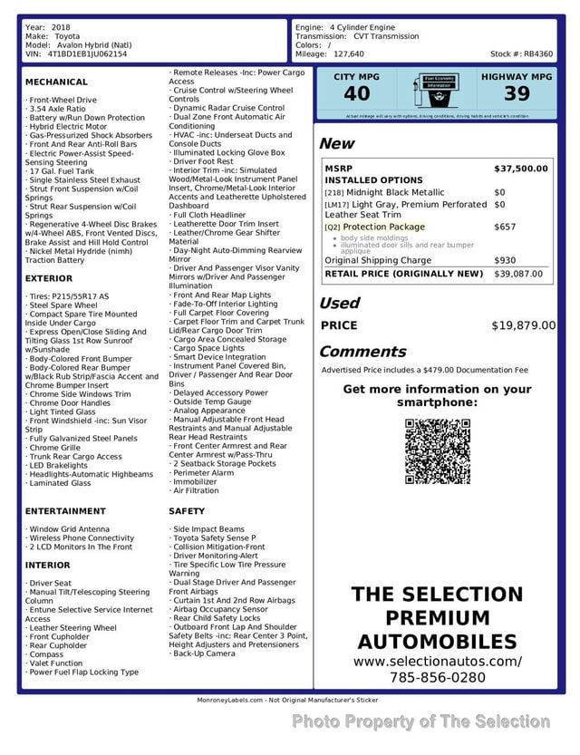2018 Toyota Avalon Hybrid AVALON HYBRID LIMITED  - 23068902 - 2