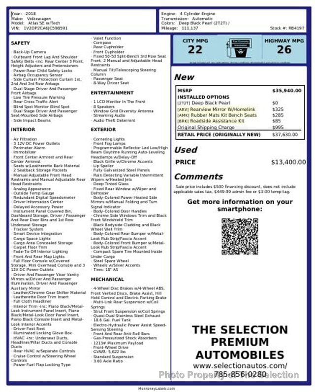 2018 Volkswagen Atlas 2.0T SE FWD W/ TECHNOLOGY - 22974945 - 1