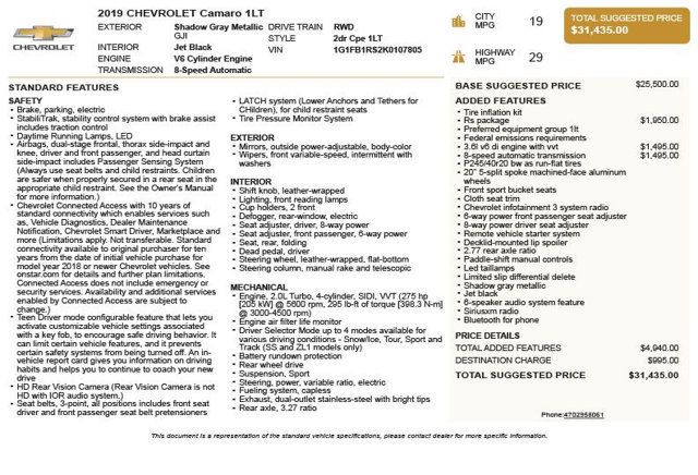 2019 Chevrolet Camaro 2dr Coupe 1LT - 22994252 - 2