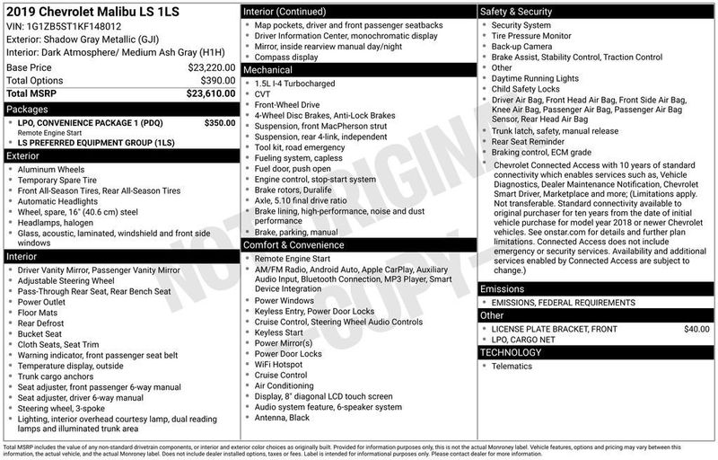 2019 Chevrolet Malibu 4dr Sedan LS w/1LS - 22936306 - 5