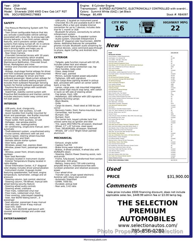 2019 Chevrolet Silverado 1500 4WD CREW CAB RST W/Z71, ALL STAR & ADVANCE TRAILERING PKG - 22909135 - 2