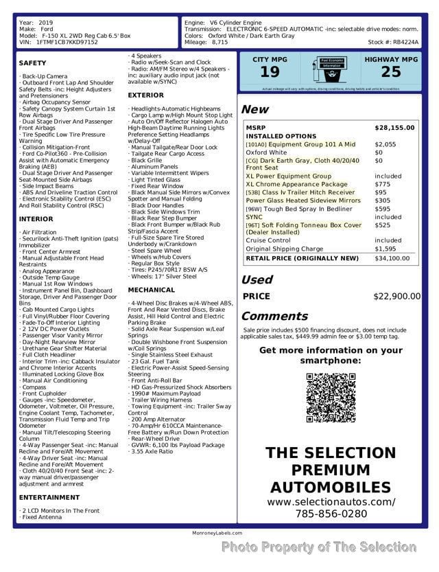 2019 Ford F-150 XL 2WD REG CAB 6.5" BOX W/POWER EQUIPMENT GROUP - 23009248 - 2