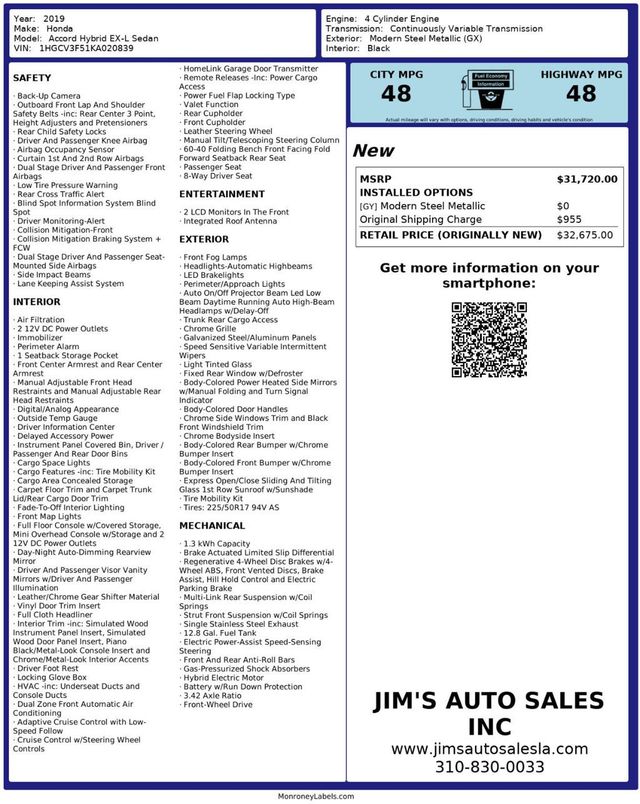 2019 Honda Accord Hybrid EX-L Sedan Hybrid No Accidents Reported to Carfax - 22972668 - 5