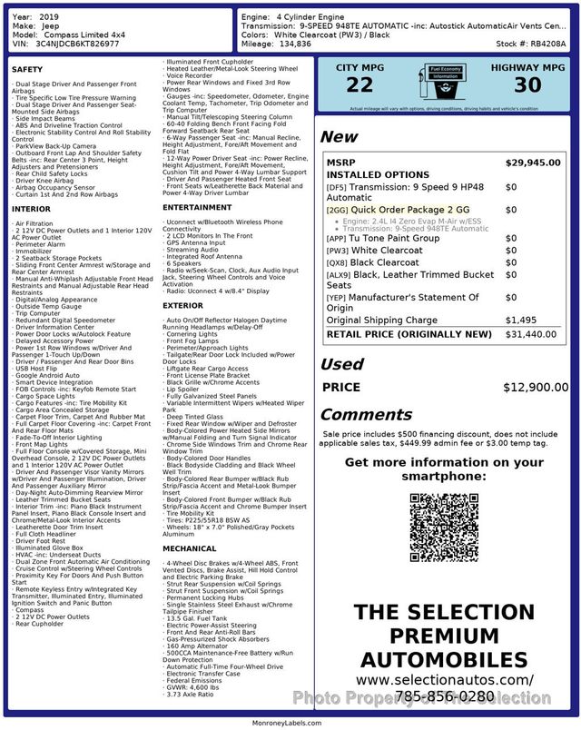 2019 Jeep Compass LIMITED 4WD W/ HEATED SEATS & STEERING WHEEL - 22567368 - 2