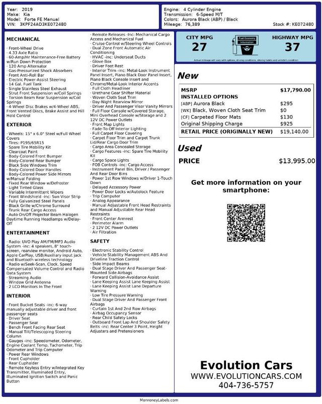 2019 Used Kia Forte FE Manual at Evolution Cars Serving