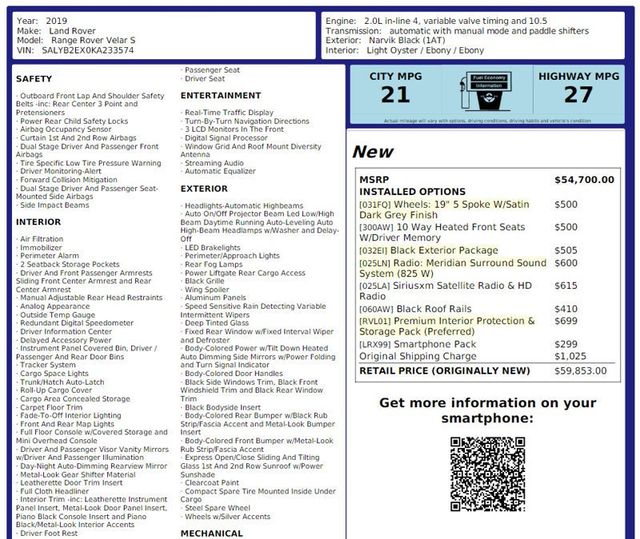 2019 Used Land Rover Range Rover Velar P250 S at World Class Motors