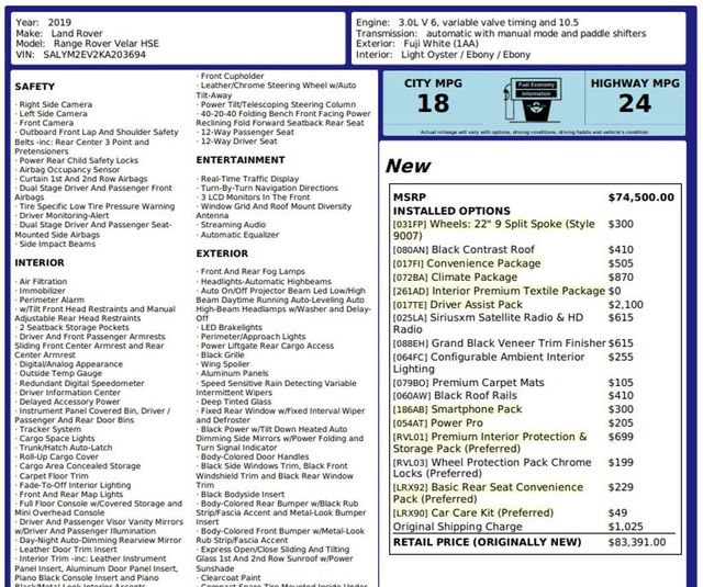2019 Used Land Rover Range Rover Velar P380 RDynamic HSE at World