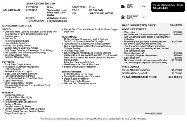 2019 Lexus ES ES 350 FWD - 23003480 - 2