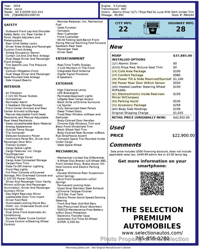 2019 Lexus NX NX300 AWD W/COMFORT & COLD WEATHER PACKAGES - 23004234 - 2