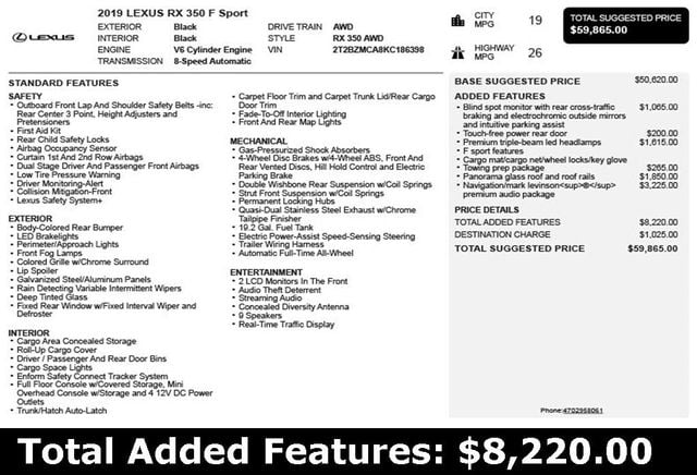 2019 Lexus RX RX 350 F SPORT AWD - 22979325 - 2