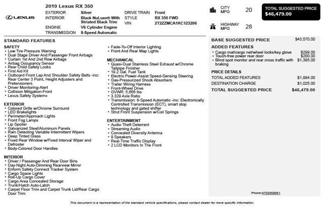 2019 Lexus RX RX 350 FWD - 23017076 - 2