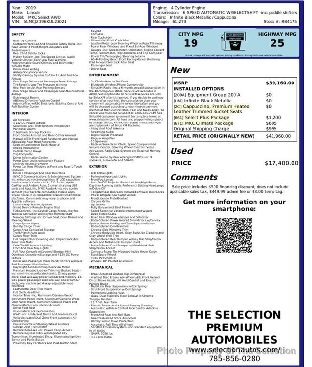 2019 Lincoln MKC SELECT AWD W/ SELECT PLUS & CLIMATE PKGS - 22963068 - 1
