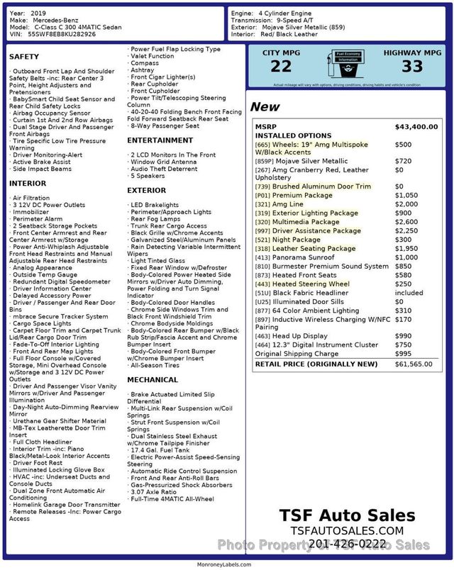 2019 Mercedes-Benz C-Class C 300 4MATIC Sedan RED LEATHER/PANO/MULTIMEDIA/LIGHTING/NIGHT PK - 23004268 - 1