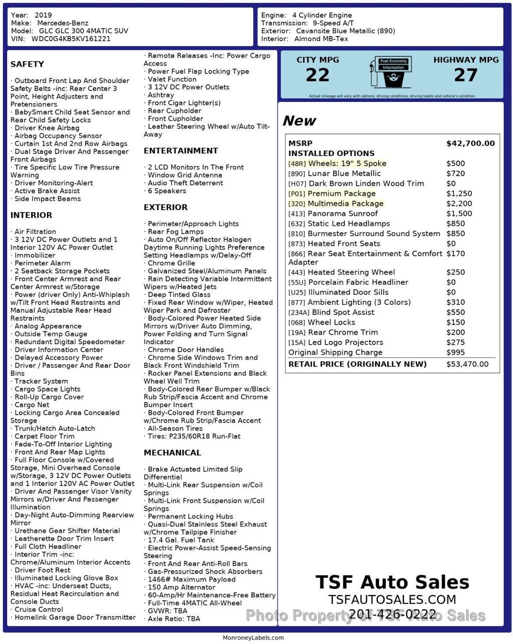 2019 Mercedes-Benz GLC GLC 300 4MATIC SUV PANO ROOF MULTIMEDIA PKG 19" WHEELS  - 22947065 - 1