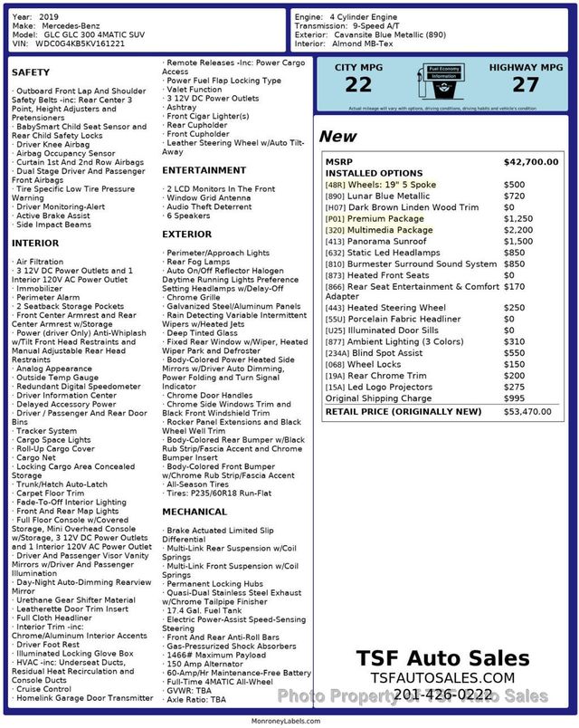 2019 Mercedes-Benz GLC GLC 300 4MATIC SUV PANO ROOF MULTIMEDIA PKG 19" WHEELS  - 22947065 - 1