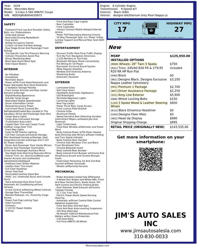 2019 Mercedes-Benz S-Class S 560 4MATIC Coupe AMG Line Exterior Premium 1 Package - 23066752 - 10