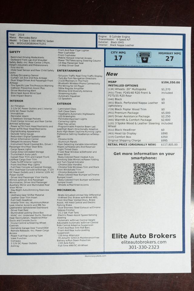 2019 Mercedes-Benz S-Class S 560 4MATIC Sedan - 22950673 - 60