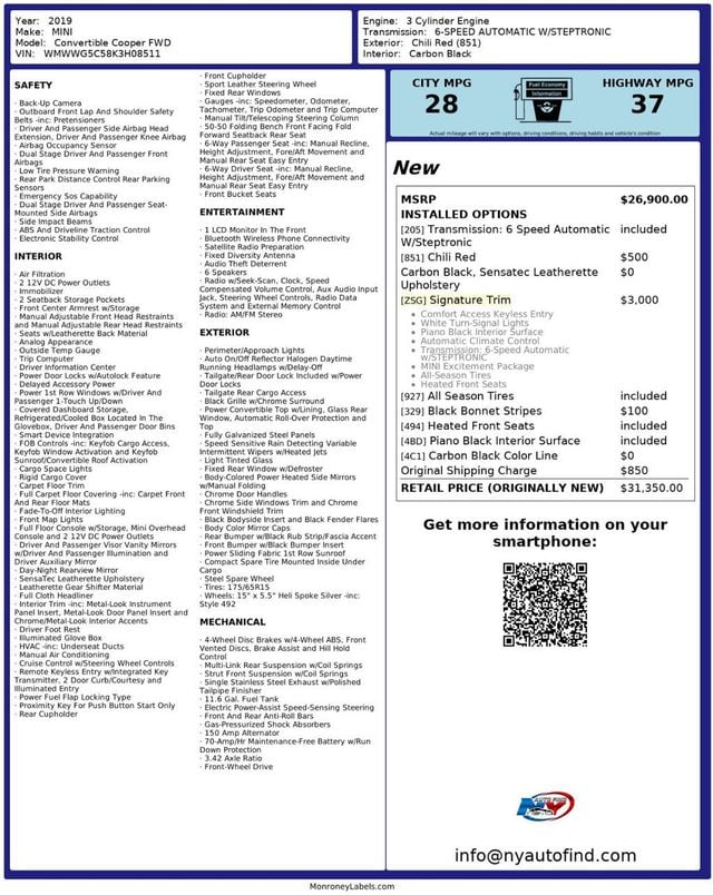 2019 MINI Cooper Convertible CONVERTIBLE, SIGNATURE TRIM, HEATED SEATS, BACKUP CAMERA - 22966553 - 23