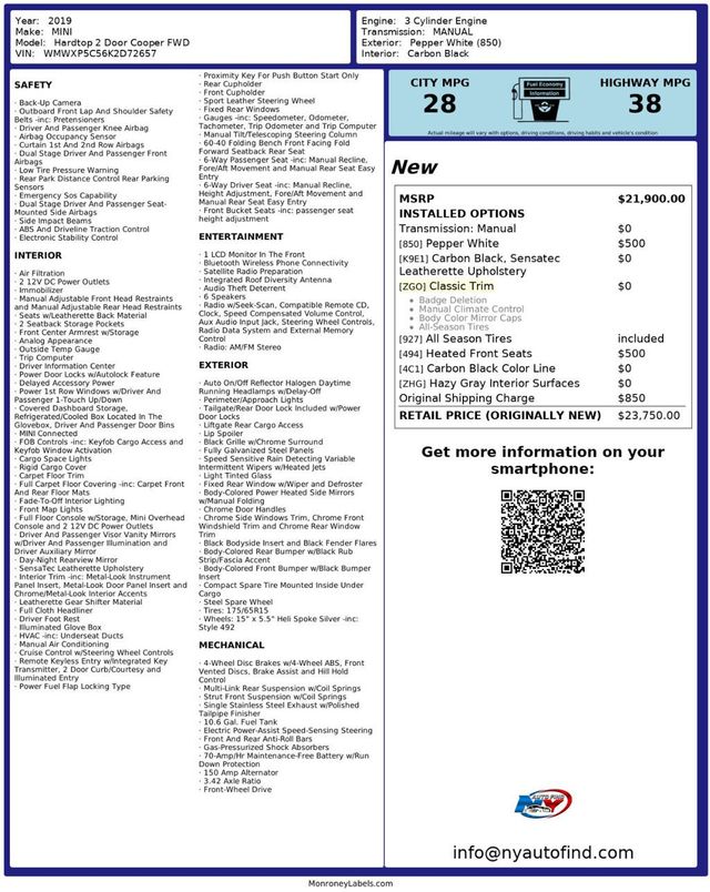 2019 MINI Cooper Hardtop 2 Door 6-SPD MANUAL, BACKUP CAMERA, HEATED SEATS, SPOILER, BLUETOOTH - 22922764 - 23