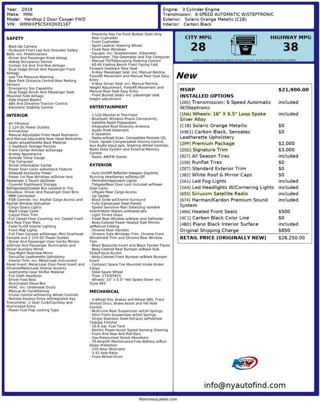 2019 MINI Cooper Hardtop 2 Door CLEAN CARFAX, PAN SUNROOF, HEATED SEATS, SIGNATURE TRIM - 22959925 - 23