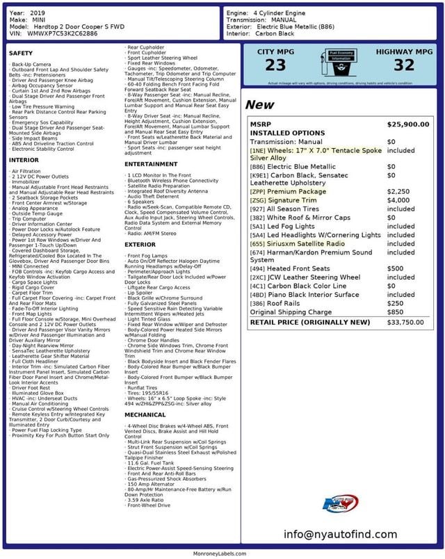 2019 MINI Cooper S Hardtop 2 Door CLEAN CARFAX, 6-SPD MANUAL, SIGNATURE TRIM, PAN SUNROOF, PREMIUM - 22942698 - 22