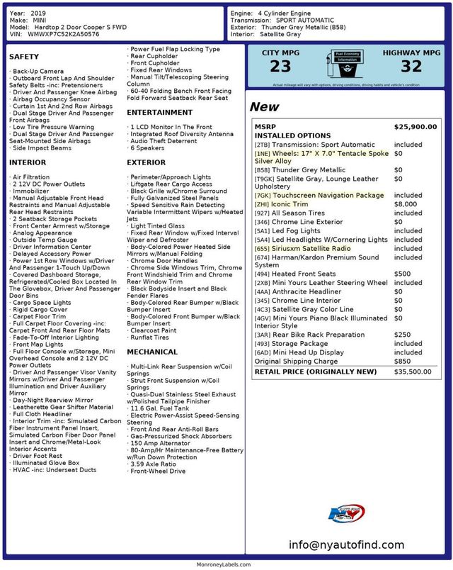 2019 MINI Cooper S Hardtop 2 Door ICONIC TRIM, PAN SUNROOF, NAVI, WIRELESS CHARGE, ALLOY WHEELS - 22912083 - 22