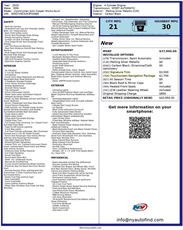 2019 MINI John Cooper Works JCW, CLEAN CARFAX, AWD, SIGNATURE, PAN SUNROOF, NAVI, BACKUP CAM - 22966705 - 25
