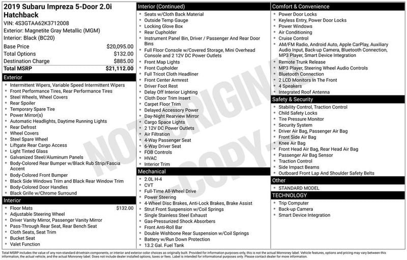 2019 Subaru Impreza 2.0i 5-door CVT - 23012165 - 5