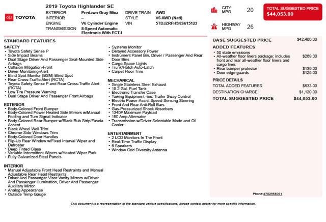 2019 Toyota Highlander SE V6 AWD - 23080744 - 2