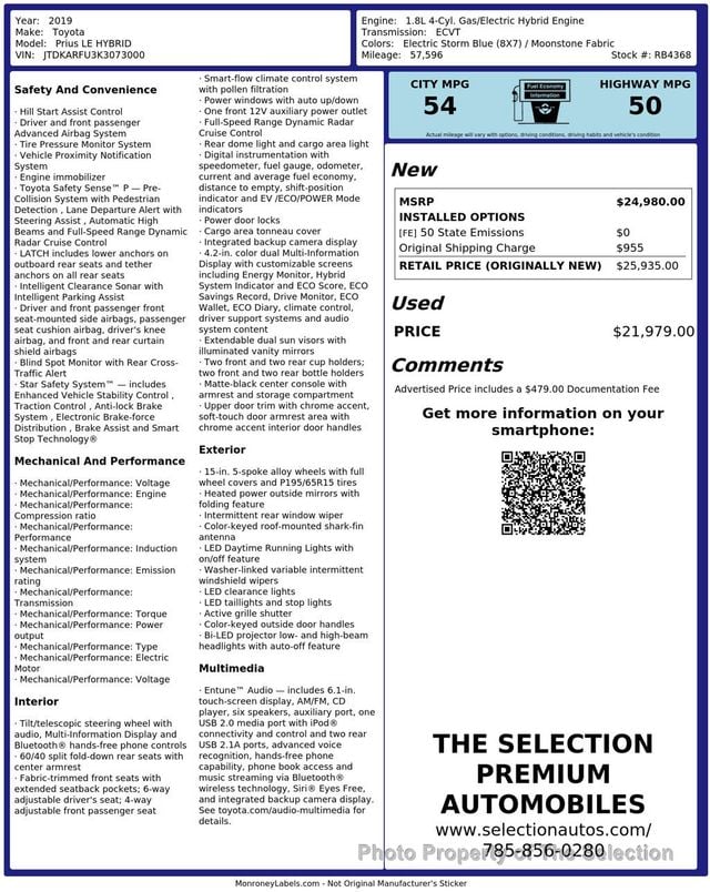 2019 Toyota Prius PRIUS LE W/TOYOTA SAFETY SENSE,  - 23071400 - 2