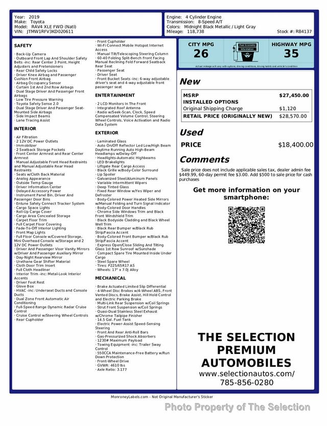 2019 Toyota RAV4 XLE FWD W/MOONROOF, APPLE CAR PLAY & BLINDSPOT - 22939862 - 1