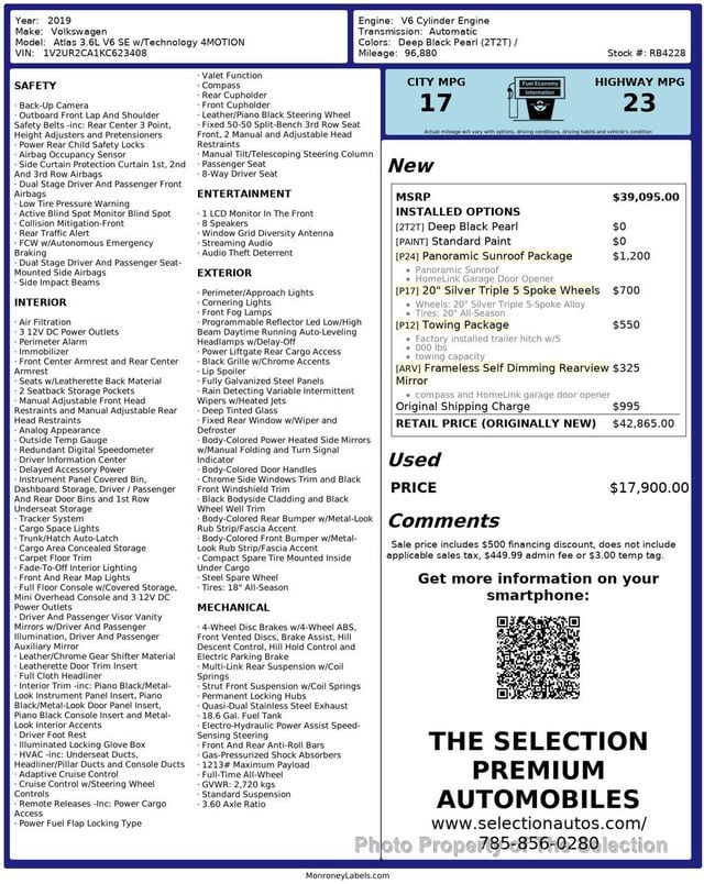 2019 Volkswagen Atlas 3.6L V6 SE W/TECHNOLOGY 4MOTION W/PANO ROOF - 22996237 - 2