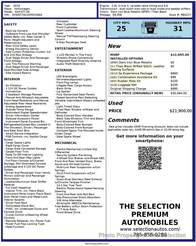 2019 Volkswagen Golf GTI 2.0T SE DSG W/CRASH RESPONSE SYSTEM, LEATHER, BLINDSPOT  - 22996236 - 2