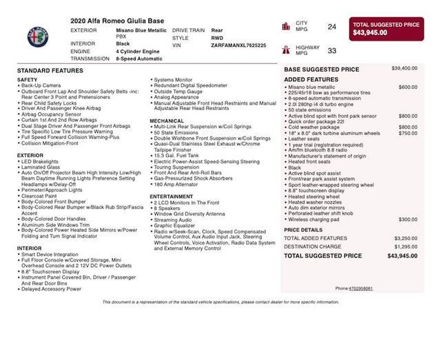 2020 Alfa Romeo Giulia RWD - 23030286 - 2