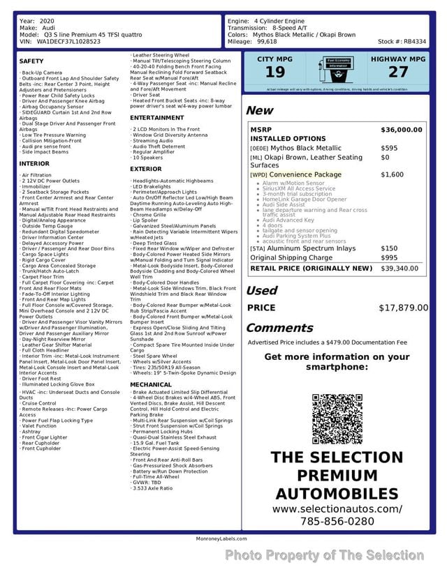 2020 Audi Q3 S LINE PREMIUM 45 TS SI QUATTRO W/CONVENIENCE PACKAGE - 23058670 - 2