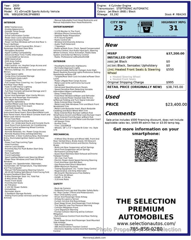 2020 BMW X1 xDRIVE 28i SPORTS ACTIVITY  - 23004233 - 2