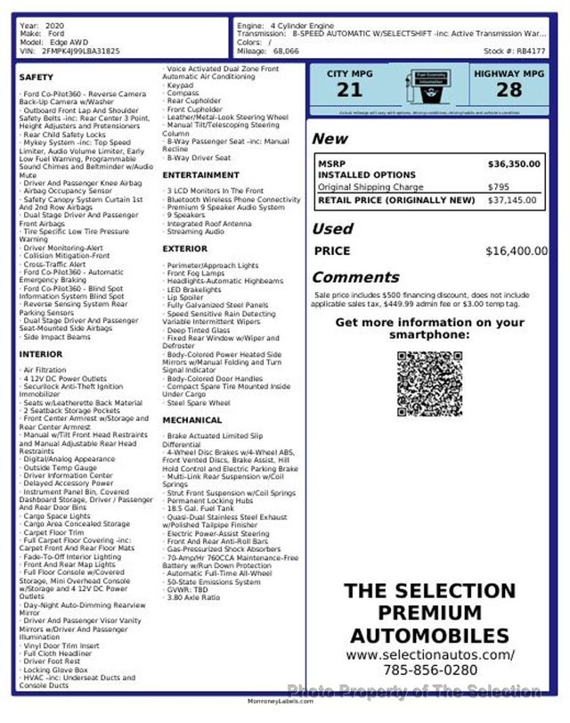 2020 Ford Edge SEL AWD W/ HEATED SEATS & APPLE CARPLAY - 22963070 - 1