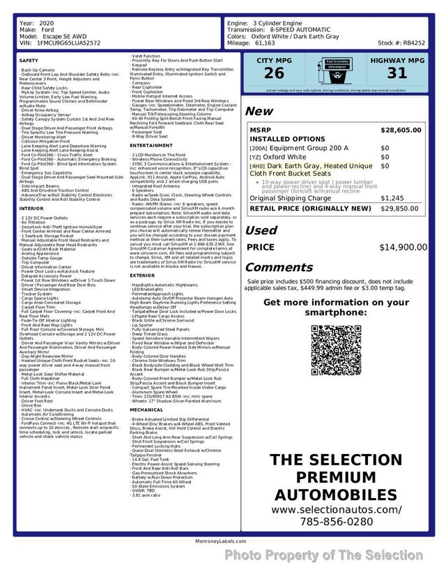 2020 Ford Escape SE AWD w/FORD CO-PILOT, APPLE CARPLAY/ANDROID AUDIO - 23009735 - 2