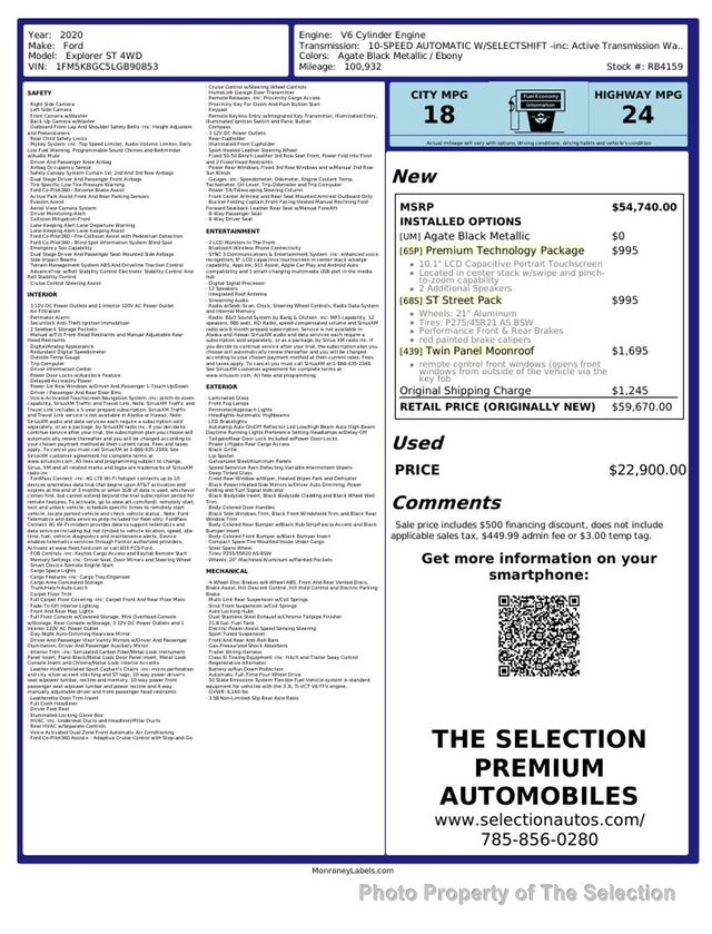 2020 Ford Explorer ST4WD W/TWIN PANEL MOONROF, PREMIUM TECHNOLOGY PKG & ST STREET  - 22953083 - 2