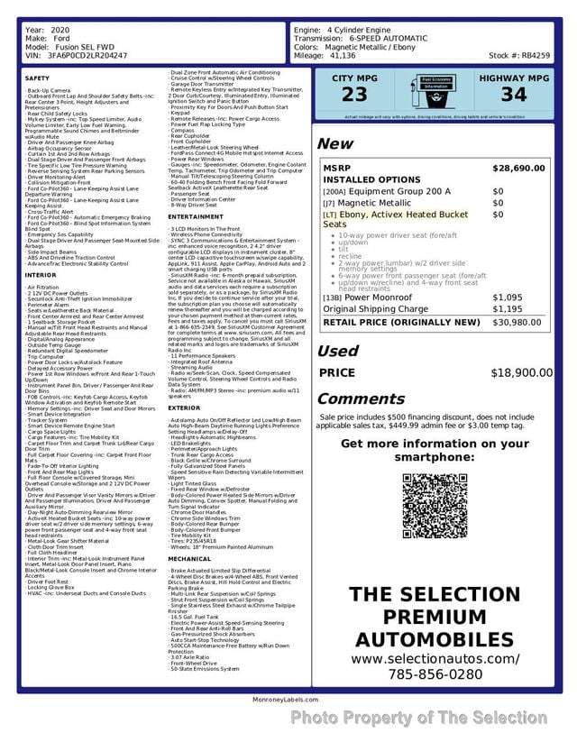 2020 Ford Fusion SEL FWD W/POWER MOON ROOF & CO-PILOT360 - 23013796 - 2