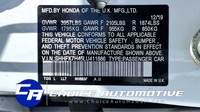 2020 Honda Civic Hatchback Sport CVT - 22419294 - 25