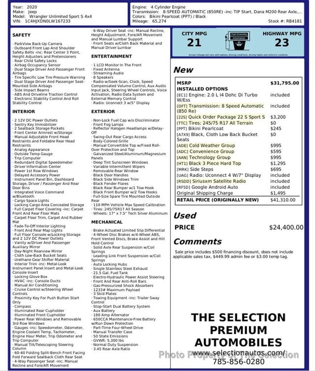 2020 Jeep Wrangler Unlimited SPORT S 4X4 W/ COLD WEATHER, CONVIENCE, & TECH GROUPS - 22967492 - 1