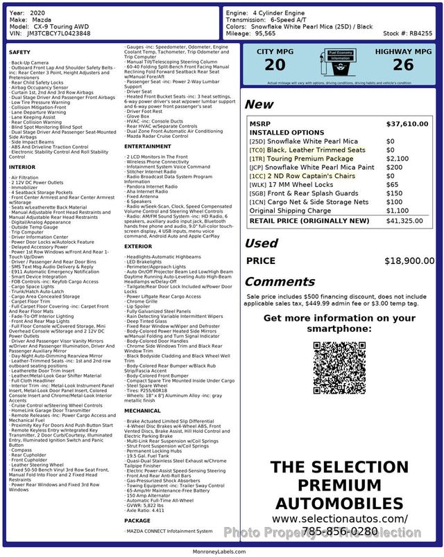 2020 Mazda CX-9 TOURING AWD W/TOURING PREMIUM PACKAGE - 23012935 - 2