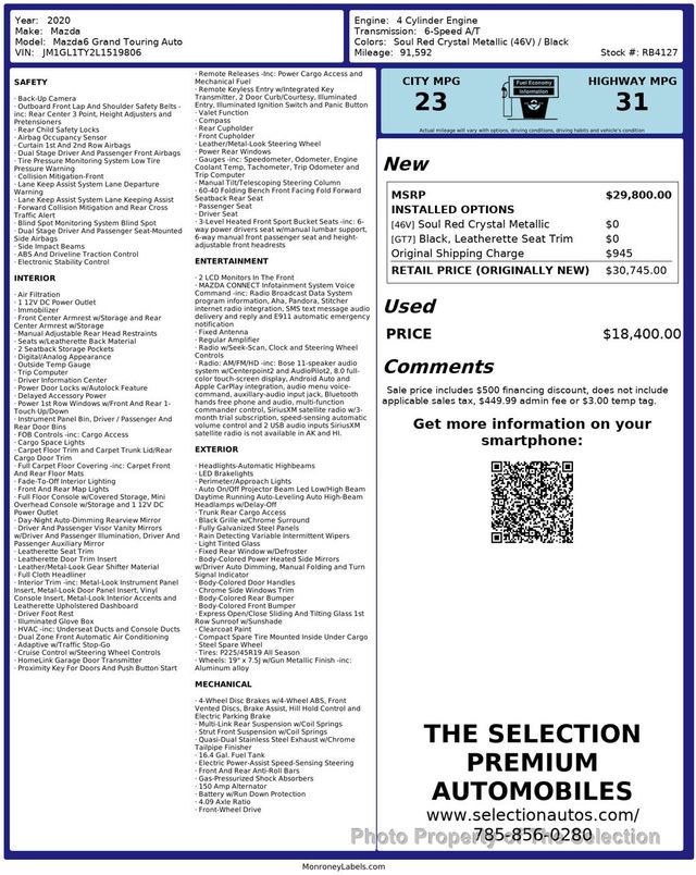 2020 Mazda Mazda6 GRAND TOURING W/ ADAPTIVE CRUISE, BLIND SPOT & LANE KEEP - 22931135 - 2