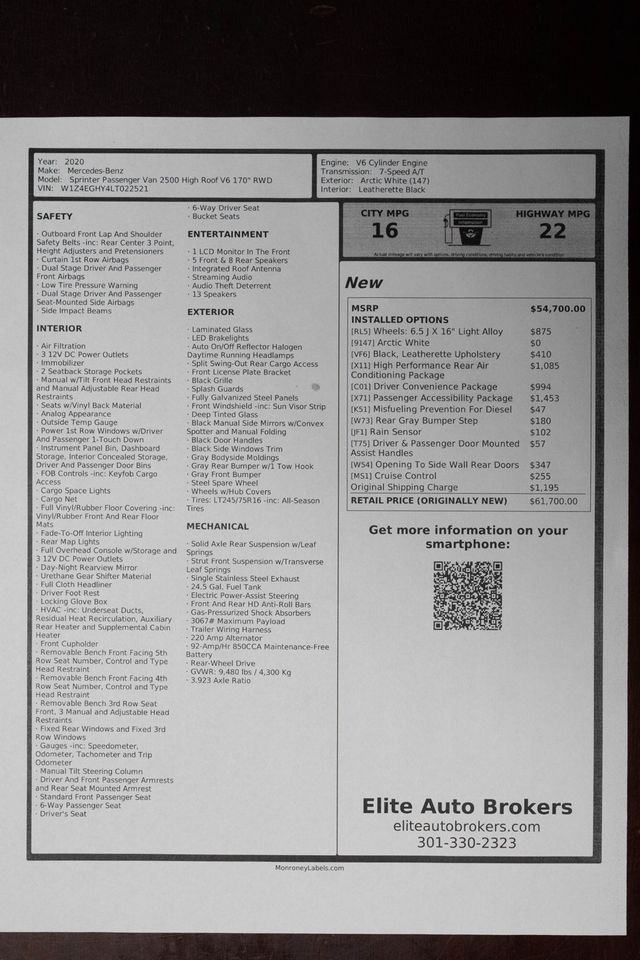 2020 Mercedes-Benz Sprinter Passenger Van 2500 High Roof V6 170" RWD - 23009210 - 45
