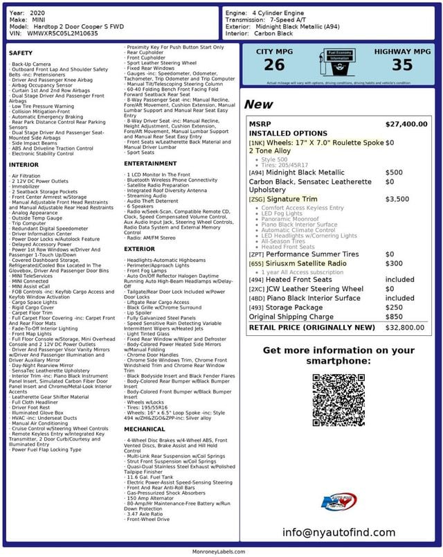 2020 MINI Cooper S Hardtop 2 Door CLEAN CARFAX, SIGNATURE, PAN SUNROOF, HEATED SEATS, BACKUP CAM  - 22935853 - 23