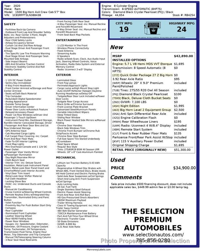 2020 Ram 1500 BIG HORN 4X4 CREW CAB NIGHT EDITION & BIGHORN 2 PKG - 23012932 - 2